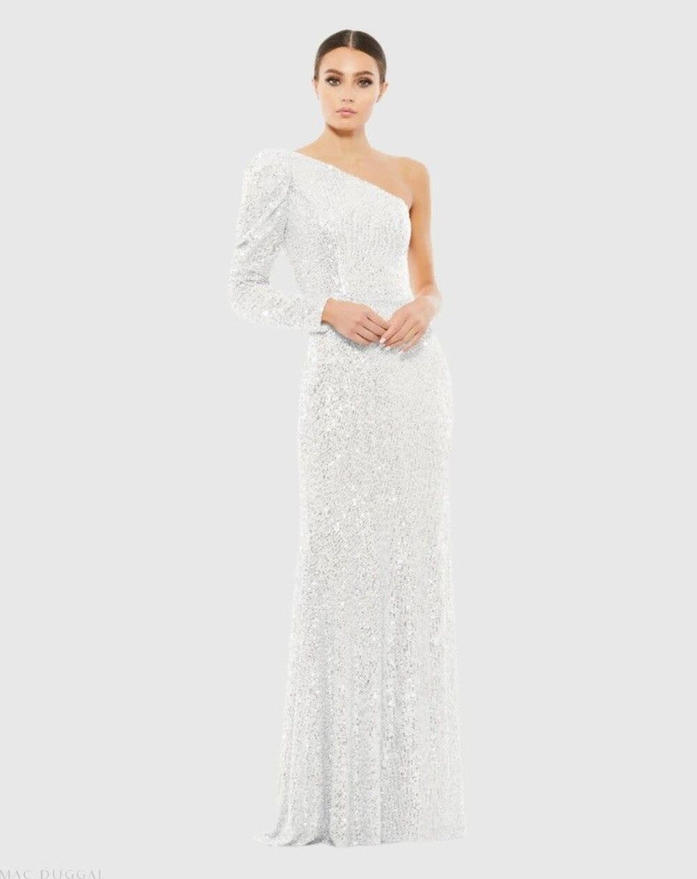 Mac Duggal Ienna one sleeve sequined white dress size 4 $398 retail